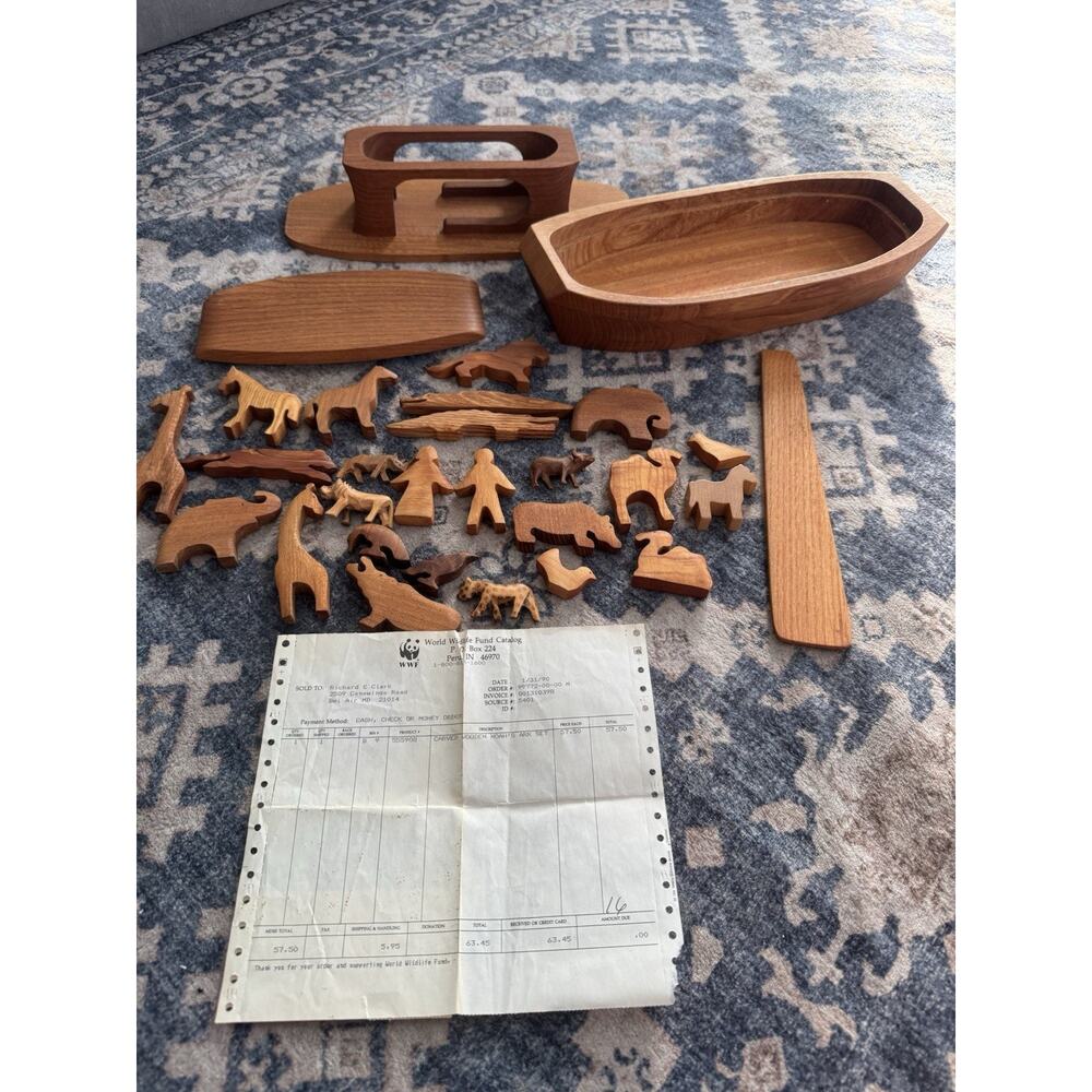 Vintage WWF Hand-Carved Wooden Noah’s Ark Set w/ Animals & Original Receipt